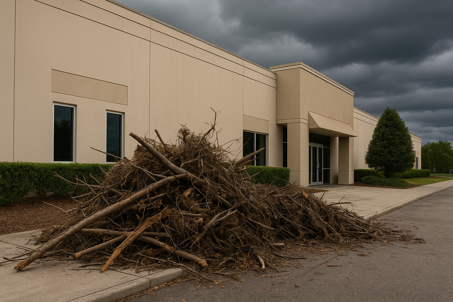 Large pile of tree branches and storm debris outside a beige commercial building under cloudy skies in Florida, emphasizing the importance of pre-hurricane cleanup