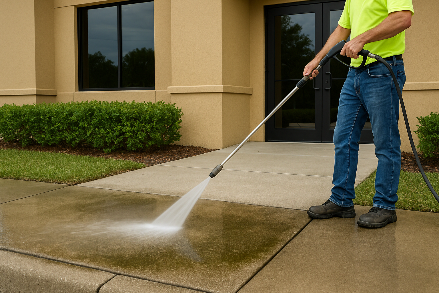 A worker in a neon shirt pressure washes a dirty concrete sidewalk in front of a beige commercial building, illustrating property maintenance in Florida